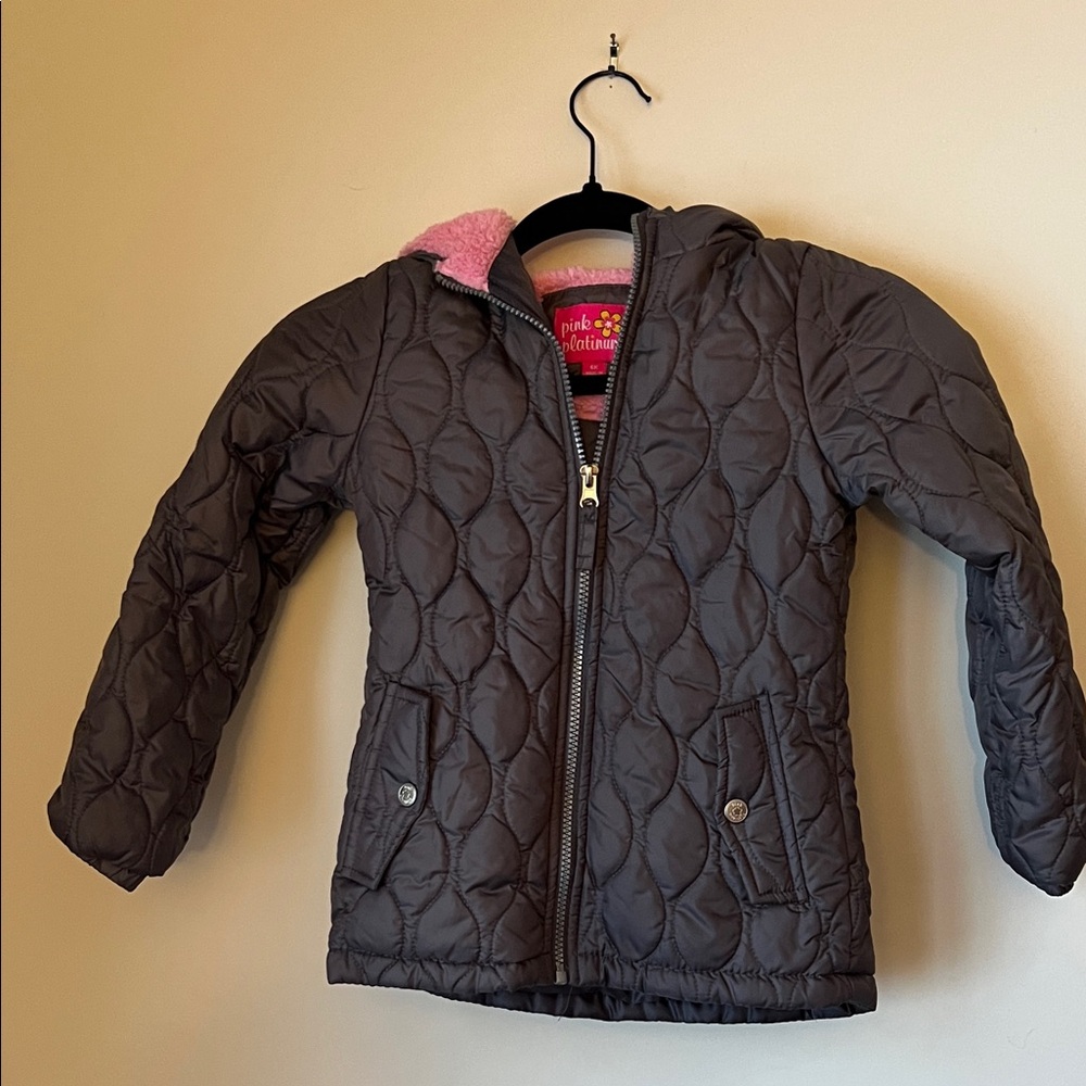 Pink Platinum Girls 6X Quilted Hooded Jacket Gray Pink Zip  Puffer Coat